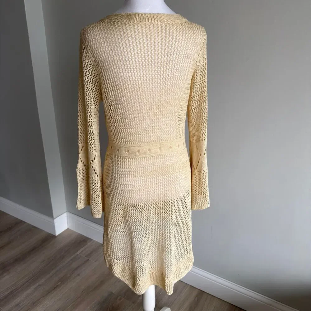 Women's Tan Crochet Cover-up Dress Large Bell Sleeves Cutouts Fairy Boho Beachy
